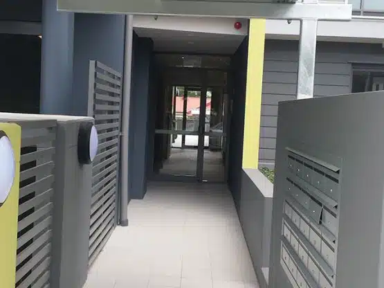 Modern entrance to affordable housing complex in St Marys, NSW.
